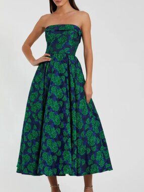 Mac Duggal Blue and Green Brocade Strapless A Line Midi Dress